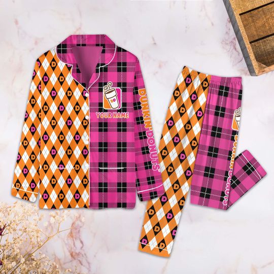 Personalized Dunkin Donuts Pajamas, Dunkin Donuts Shirt, Dunkin Donuts Pajamas Set, Funny Donuts Pajamas, Funny Coffee Holiday Pajamas