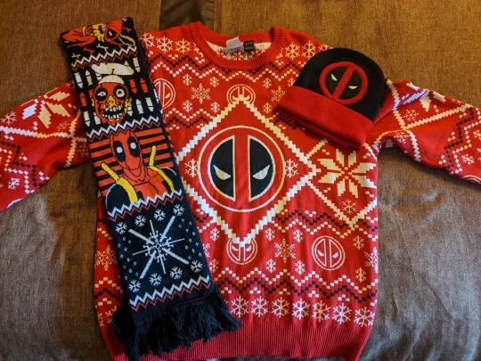 Deadpool Ugly Christmas Sweater, scarf & winter hat