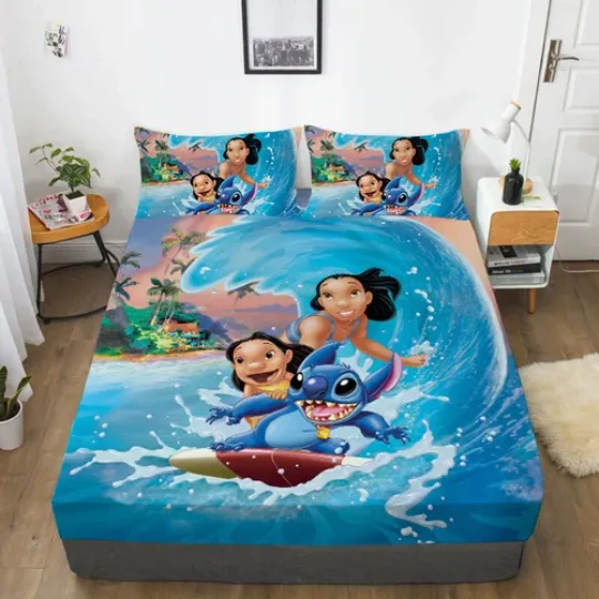 Stitch Cartoon 02 Bedding Set Decor Fitted Sheet Set Single/Double/King Size