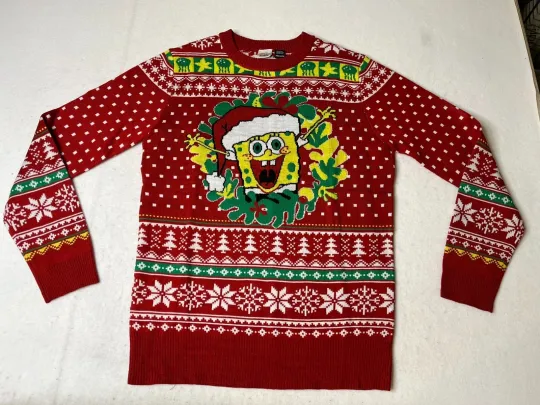 Spongebob Squarepants Ugly Christmas Sweater Mens Medium red yellow xmas