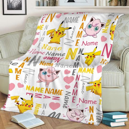 Customized Name Pika & Jigglypuff Blanket, PKM Anime Blanket, Anime Mink Sherpa Blanket, Custom Name Blanket, Newborn Gift