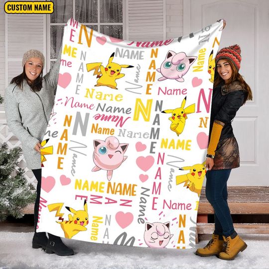 Customized Name Pika & Jigglypuff Blanket, PKM Anime Blanket, Anime Mink Sherpa Blanket, Custom Name Blanket, Newborn Gift