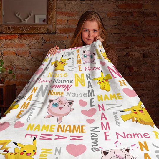 Customized Name Pika & Jigglypuff Blanket, PKM Anime Blanket, Anime Mink Sherpa Blanket, Custom Name Blanket, Newborn Gift