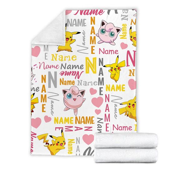 Customized Name Pika & Jigglypuff Blanket, PKM Anime Blanket, Anime Mink Sherpa Blanket, Custom Name Blanket, Newborn Gift