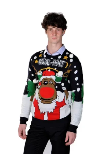 RWB Slim Fit Ugly Christmas Sweater Rudolph Pullover X-Large Navy