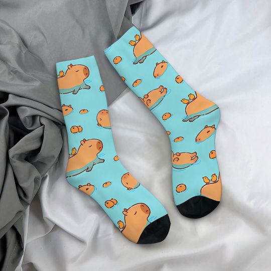 Capybara Pattern Swimming With Oranges Men's Socks Retro Harajuku Street Style Novelty Pattern Crew Sock