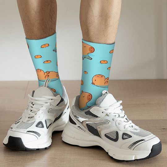 Capybara Pattern Swimming With Oranges Men's Socks Retro Harajuku Street Style Novelty Pattern Crew Sock