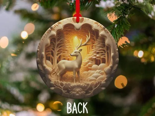 Enchanted Forest Deer Carving Art Christmas Ornaments