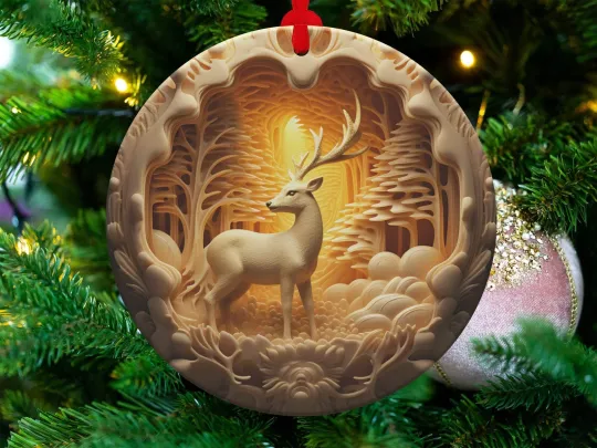 Enchanted Forest Deer Carving Art Christmas Ornaments