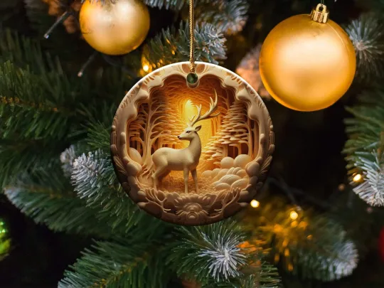 Enchanted Forest Deer Carving Art Christmas Ornaments