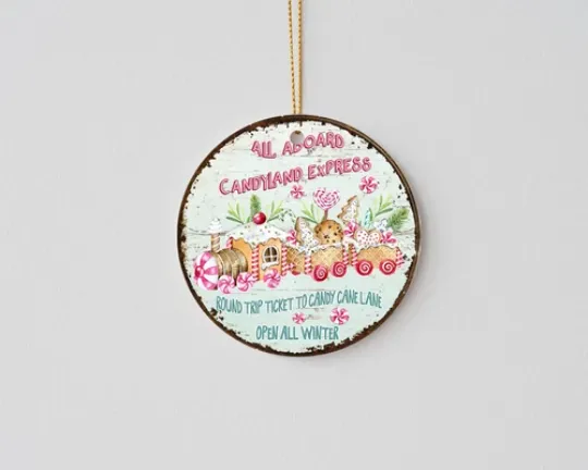 All Aboard Candy Train Round Ceramic Christmas Ornament
