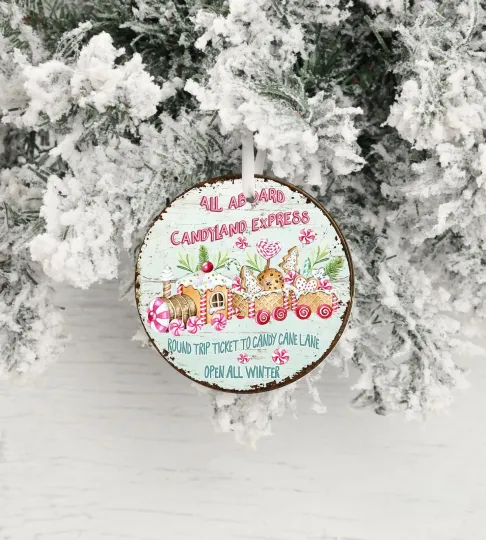 All Aboard Candy Train Round Ceramic Christmas Ornament
