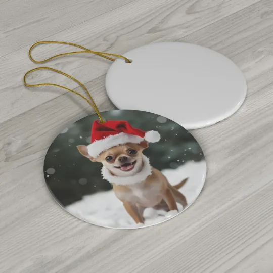 Chihuahua Dog Circle Christmas Tree Ceramic Ornament