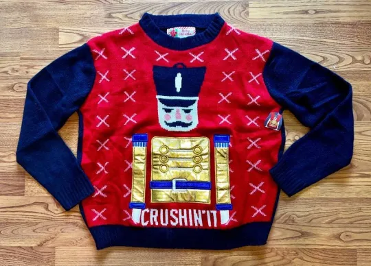 MENS LARGE~HOLIDAY UGLY CHRISTMAS NUTCRACKER SWEATER~RED/BLUE~NEW