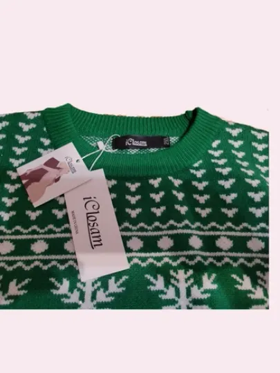 Green White Ugly Christmas Sweater + Snowflakes, Trees, & Santa Comfortable. NWT