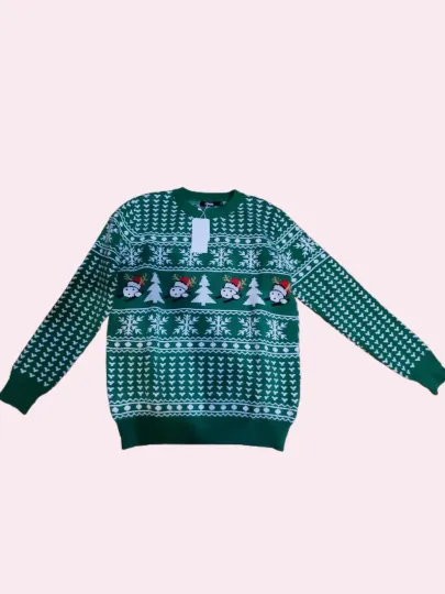 Green White Ugly Christmas Sweater + Snowflakes, Trees, & Santa Comfortable. NWT