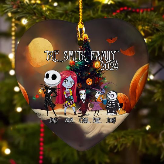 Personalized Nightmare Christmas Ornament, Halloween Custom 2024 Christmas Tree Decor Gift For Kid, Skeleton Family Christmas Gift