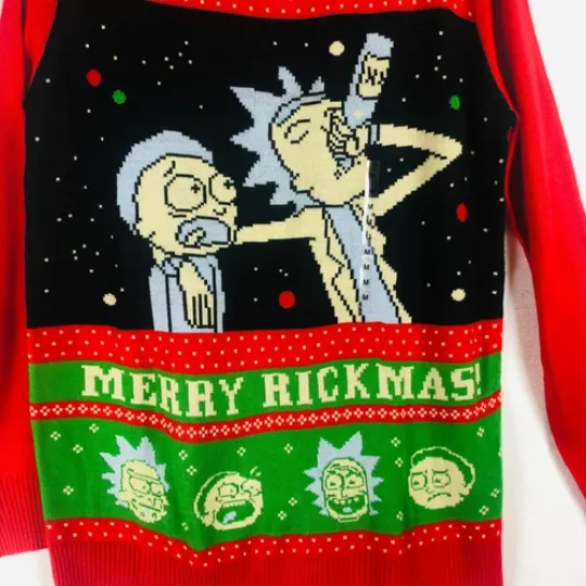 NWT Rick and Rickandmorty UGLY Christmas Sweater Size Medium Red Graphic Weave