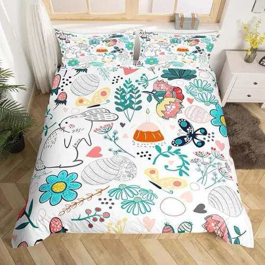 Cartoon Rabbit Flower Easter Quilt Doona Cover Queen Pillowcase Bedding Set