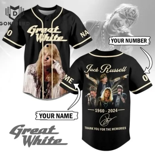 Personalized Great White Jack Russell 1960-2024 Signature .. Baseball Jersey