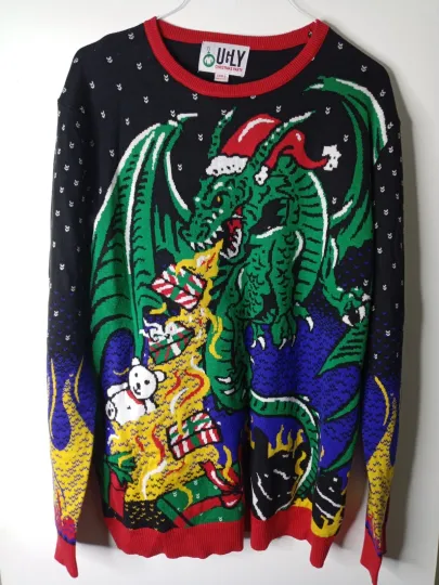 Ugly Christmas Party Flashing Dragon With Lights Sweater New Sz 2XL