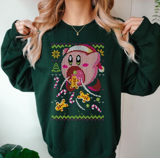 Pink Kirby Ugly Christmas Sweater - Kawaii Sweatshirt Gift - Adorable Hungry Kirby with Sweets and Cookies - Festive Holiday Attire