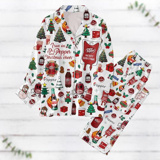 Christmas Dr Pepper Pajamas Set, I Run On Dr Pepper And Christmas Cheer Pajamas Set, Drinking Xmas Pajamas, Dr Pepper Holiday Pajamas