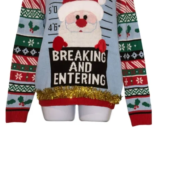 NWT No Boundaries Christmas Sweater Junior L 11 13 Jailbird Santa Pullover Funny