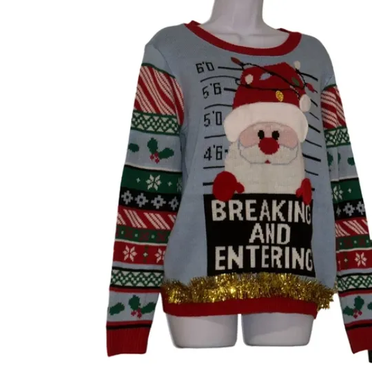 NWT No Boundaries Christmas Sweater Junior L 11 13 Jailbird Santa Pullover Funny
