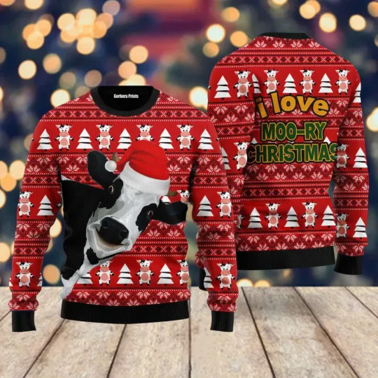 Funny Cow Moory Christmas Pattern Ugly Christmas Sweater Lightweight Xmas Gift