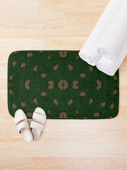 Natural Pinecones On Green Grass Background Bath Mat