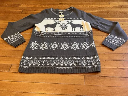 Reindeer Christmas Sweater Women’s Extra Large Grey White All Over Print