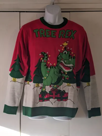 MWT Ugly Christmas Sweater Dinosaur Tree Rex Medium Light Up Fun Novelty Party