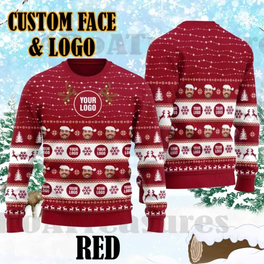 Personalized Custom Face  amp; Logo 3D Ugly Christmas Sweater, Custom Company Logo