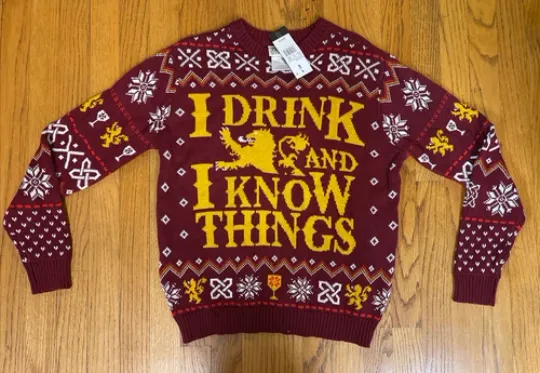 I Drink & I Know Things Game Of Thrones Ugly Christmas Sweater Men's Medium NWT