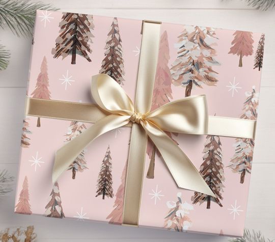 Pink Christmas Tree Wrapping Paper, Merry Christmas Wrapping Paper, Vintage Gift Wrap, Christmas gift wrap