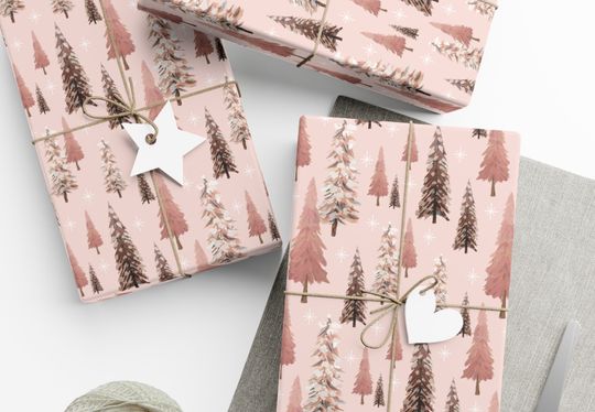 Pink Christmas Tree Wrapping Paper, Merry Christmas Wrapping Paper, Vintage Gift Wrap, Christmas gift wrap