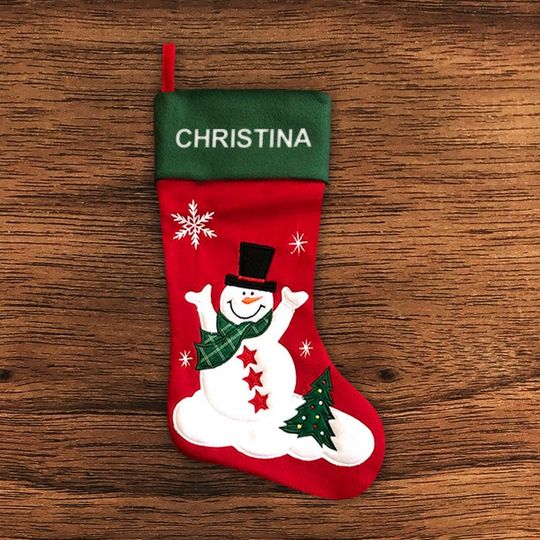 Personalised Christmas Stocking - Traditional Snowman - Embroidered Name