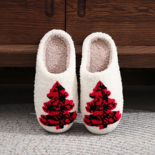 C# Women Men Breathable Bedroom Slippers Non-Slip Christmas Tree Cotton Slippers