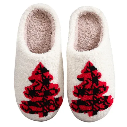 C# Women Men Breathable Bedroom Slippers Non-Slip Christmas Tree Cotton Slippers