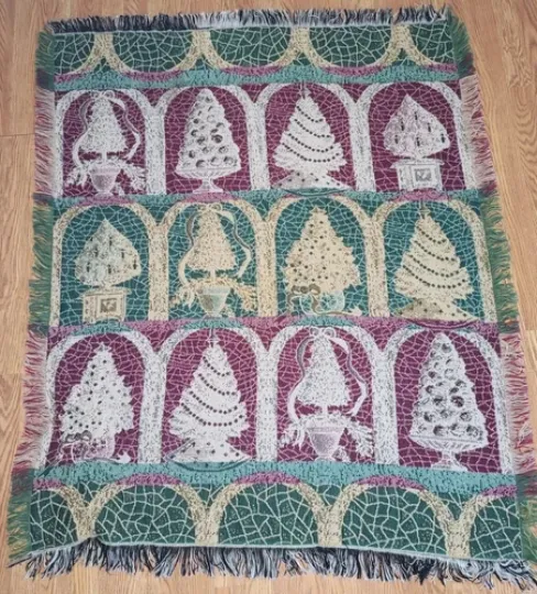 Stained Glass Knit Woven Throw Blanket Tapestry Christmas Tree 55"×44"