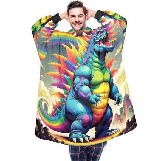 Blanket Hoodie blankets hoodie that is a blanket Retro Goddzilla Goji Kaiju Rainbow Art