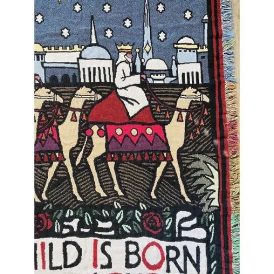 Woven Tapestry Throw Blanket Christmas Wise Men Child Born Bethlehem Reversible