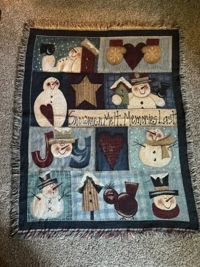 Winter Woven Tapestry Throw Blanket Snowmen Melt Memories Last Wall Hanging EUC