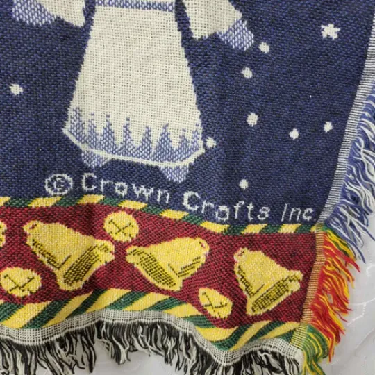 Vintage Crown Crafts Christmas Angel Woven Throw 62 x 50 Fringe Afghan Cotton