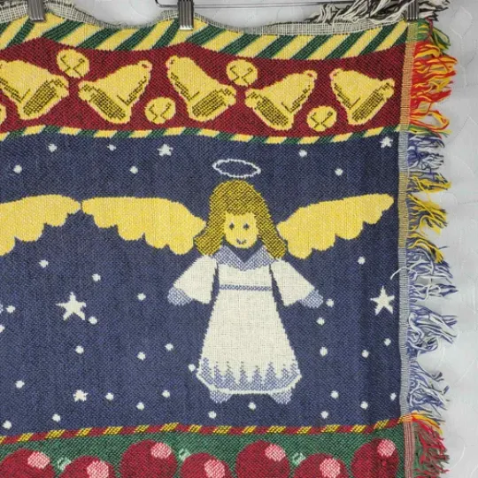 Vintage Crown Crafts Christmas Angel Woven Throw 62 x 50 Fringe Afghan Cotton