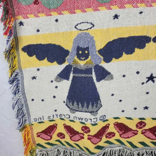 Vintage Crown Crafts Christmas Angel Woven Throw 62 x 50 Fringe Afghan Cotton