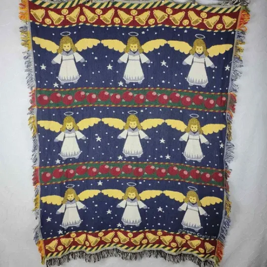 Vintage Crown Crafts Christmas Angel Woven Throw 62 x 50 Fringe Afghan Cotton