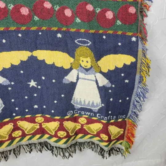 Vintage Crown Crafts Christmas Angel Woven Throw 62 x 50 Fringe Afghan Cotton