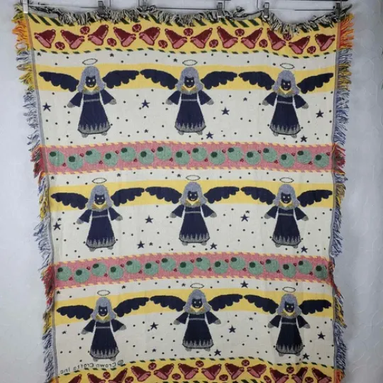 Vintage Crown Crafts Christmas Angel Woven Throw 62 x 50 Fringe Afghan Cotton